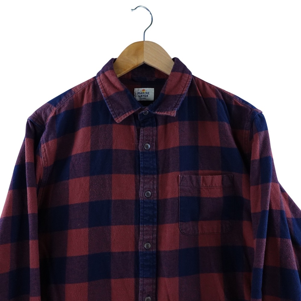Marine Layer Mens Large Red Navy‎ Buffalo Plaid Flannel Button Down Shirt Cotton